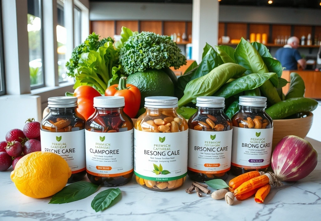 Natural supplement bottles surrounded by fresh fruits and herbs